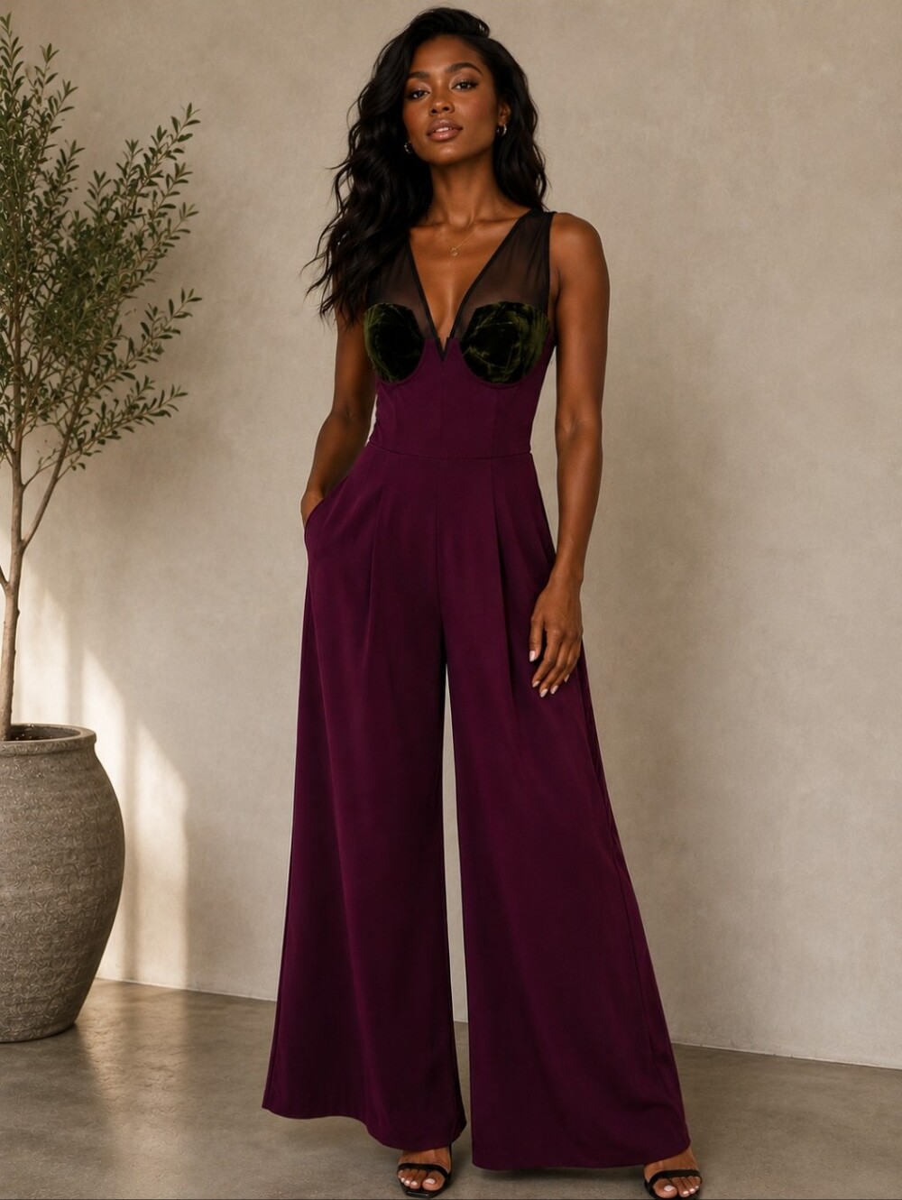 Free People‎ Plum Wide-Leg Jumpsuit with Olive Velvet Bust